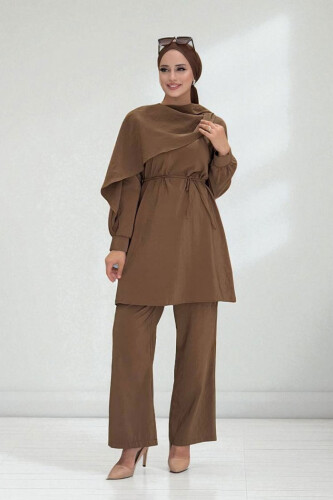 Sedef Kumaş Tunik Pantolon İkili Takım 8693 Kahverengi 