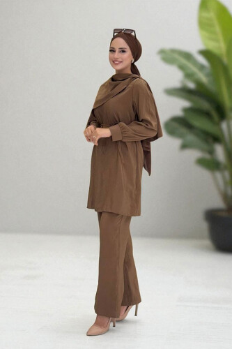 Sedef Kumaş Tunik Pantolon İkili Takım 8693 Kahverengi - 3
