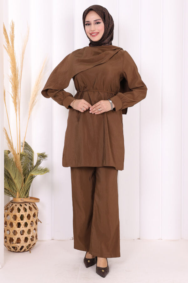 Sedef Kumaş Tunik Pantolon İkili Takım 8693 Kahverengi - 1