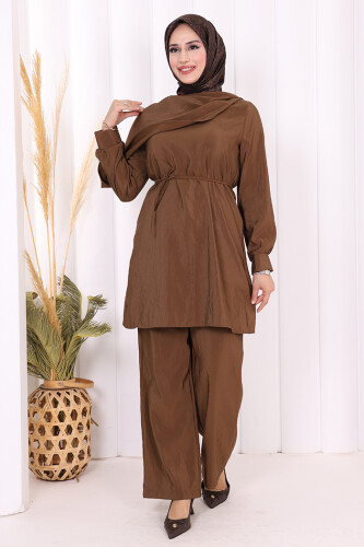 Sedef Kumaş Tunik Pantolon İkili Takım 8693 Kahverengi - 2