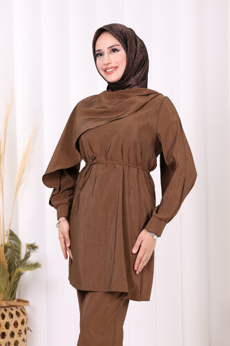 Sedef Kumaş Tunik Pantolon İkili Takım 8693 Kahverengi - 4