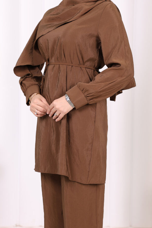 Sedef Kumaş Tunik Pantolon İkili Takım 8693 Kahverengi - 5