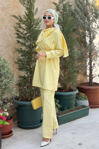Sedef Kumaş Tunik Pantolon İkili Takım 8693 Sarı - 3