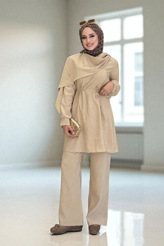 Sedef Kumaş Tunik Pantolon İkili Takım 8693 Vizon 