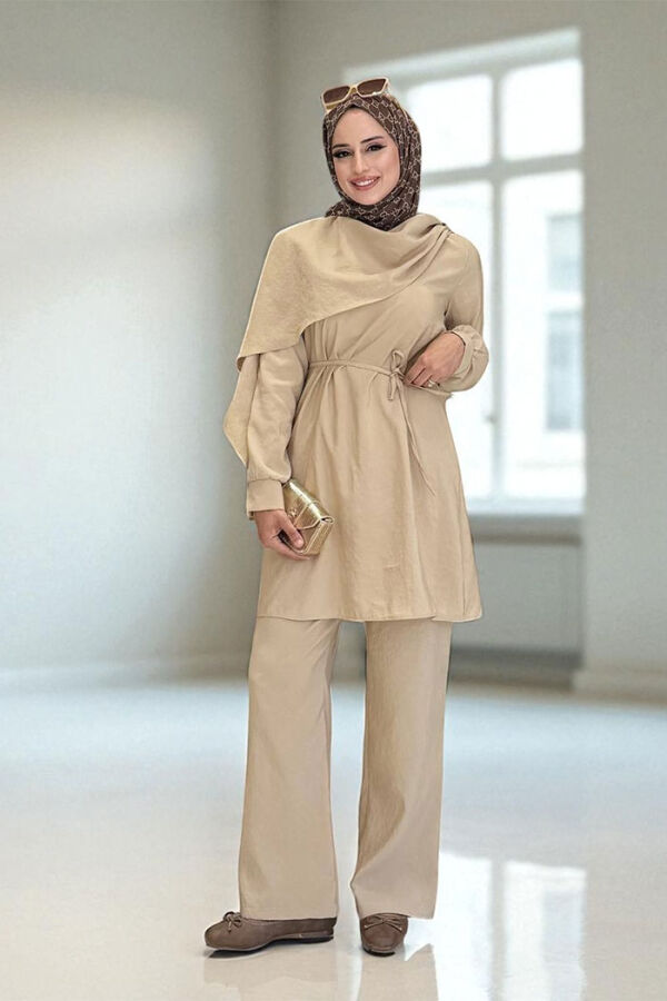 Sedef Kumaş Tunik Pantolon İkili Takım 8693 Vizon - 1