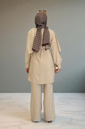 Sedef Kumaş Tunik Pantolon İkili Takım 8693 Vizon - 2