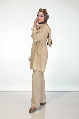 Sedef Kumaş Tunik Pantolon İkili Takım 8693 Vizon - 3
