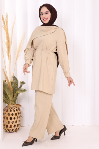 Sedef Kumaş Tunik Pantolon İkili Takım 8693 Vizon - 2