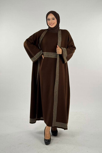 Şerit Desenli Elbise Hırka Takım 18311 Kahverengi - Bym Fashion