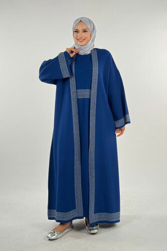 Şerit Desenli Elbise Hırka Takım 18311 Lacivert - Bym Fashion