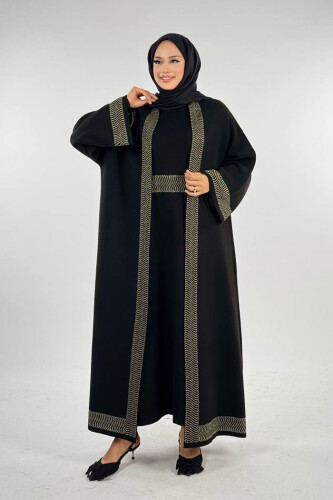 Şerit Desenli Elbise Hırka Takım 18311 Siyah-Gold - Bym Fashion