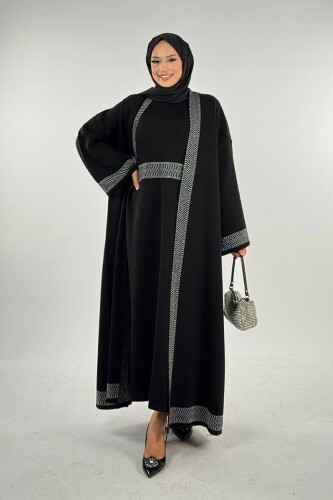 Şerit Desenli Elbise Hırka Takım 18311 Siyah-Gümüş - Bym Fashion