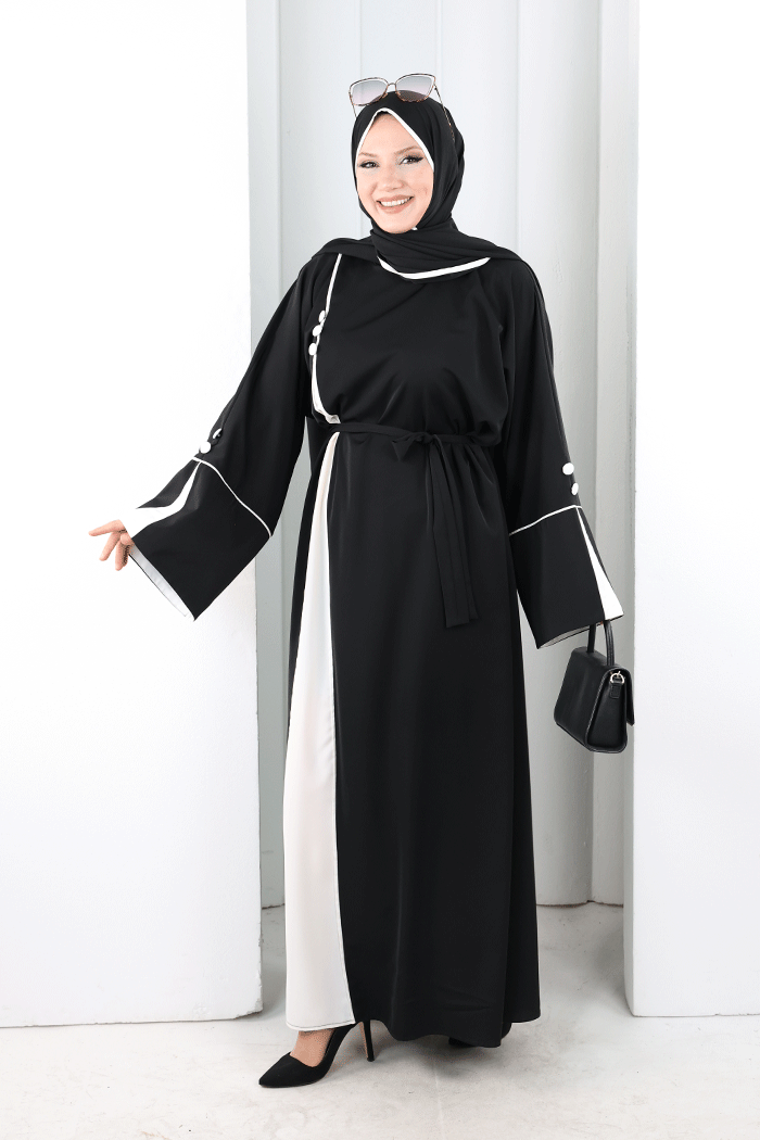 Şerit Düğme Detaylı Elbise 6098 Ekru - 3