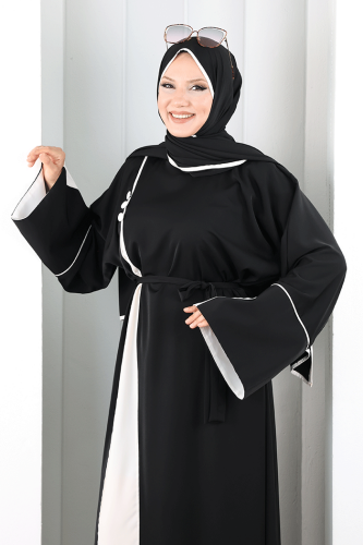 Şerit Düğme Detaylı Elbise 6098 Ekru - 6
