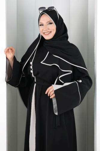 Şerit Düğme Detaylı Elbise 6098 Gri - 6