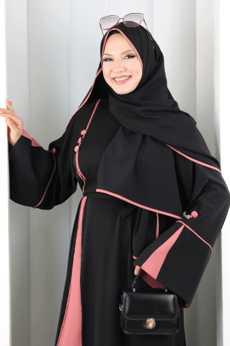 Şerit Düğme Detaylı Elbise 6098 Gül Kurusu - 5