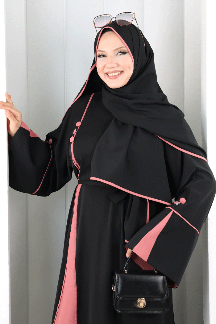 Şerit Düğme Detaylı Elbise 6098 Gül Kurusu - 5