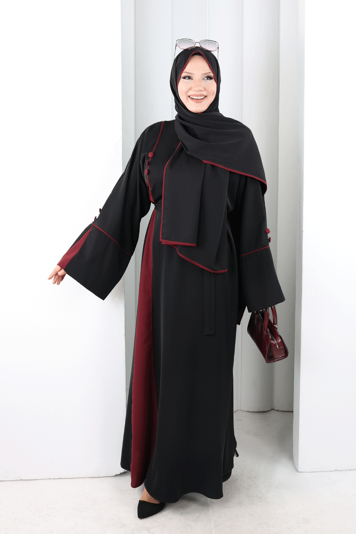 Şerit Düğme Detaylı Elbise 6098 Mürdüm - 2