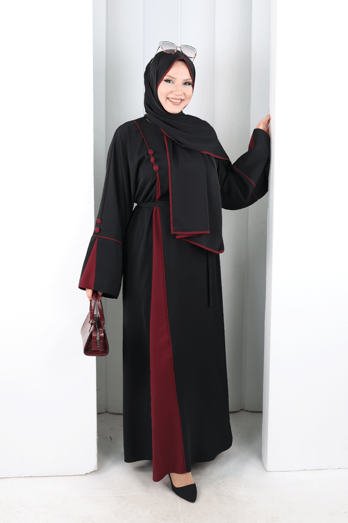 Şerit Düğme Detaylı Elbise 6098 Mürdüm - 3