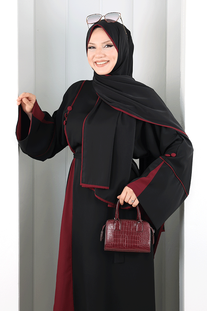 Şerit Düğme Detaylı Elbise 6098 Mürdüm - 6