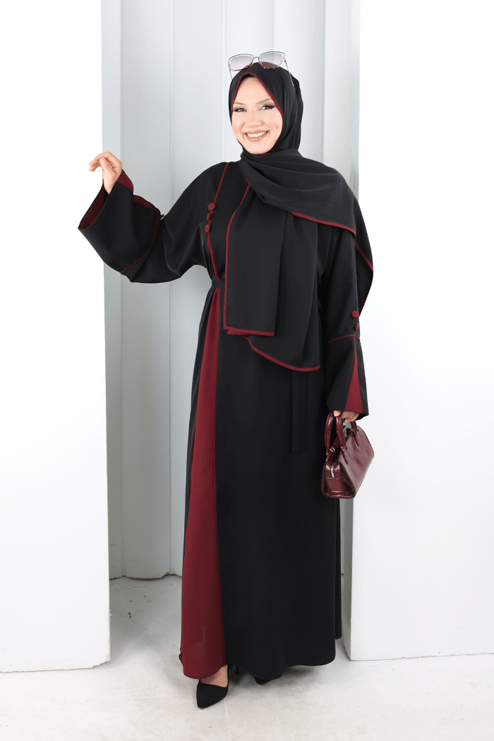 Şerit Düğme Detaylı Elbise 6098 Mürdüm - 1