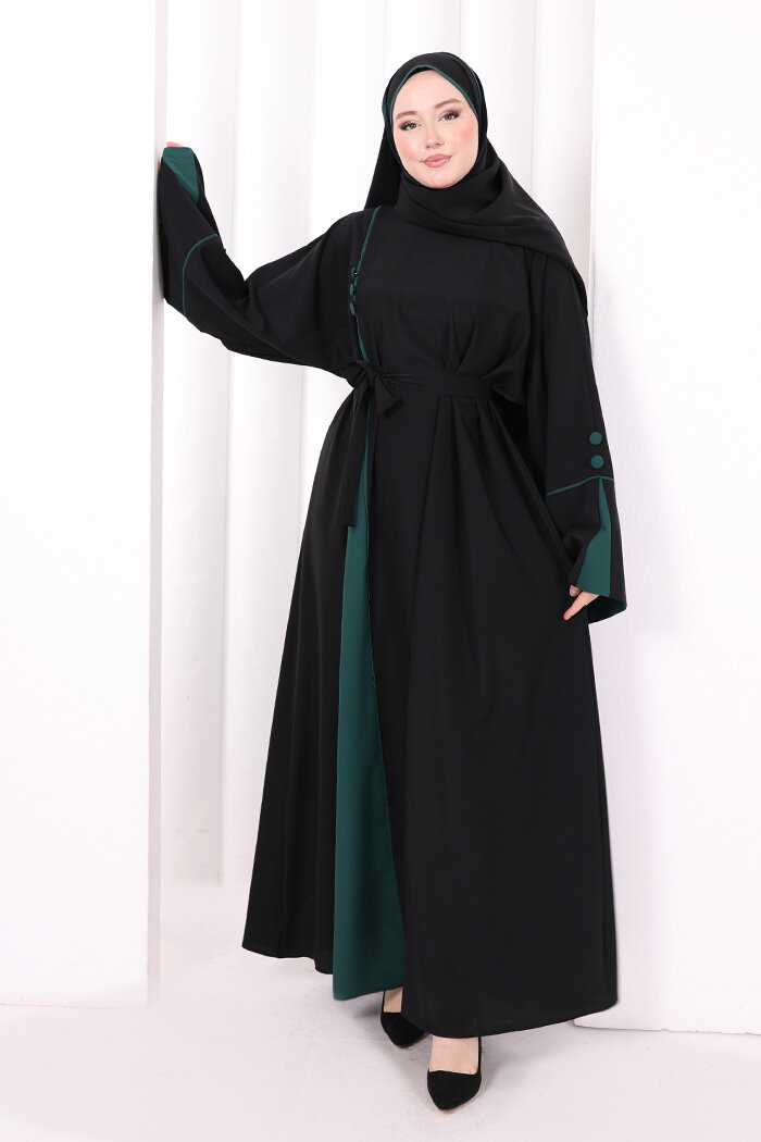 Şerit Düğme Detaylı Elbise 6098 Zümrüt - 3