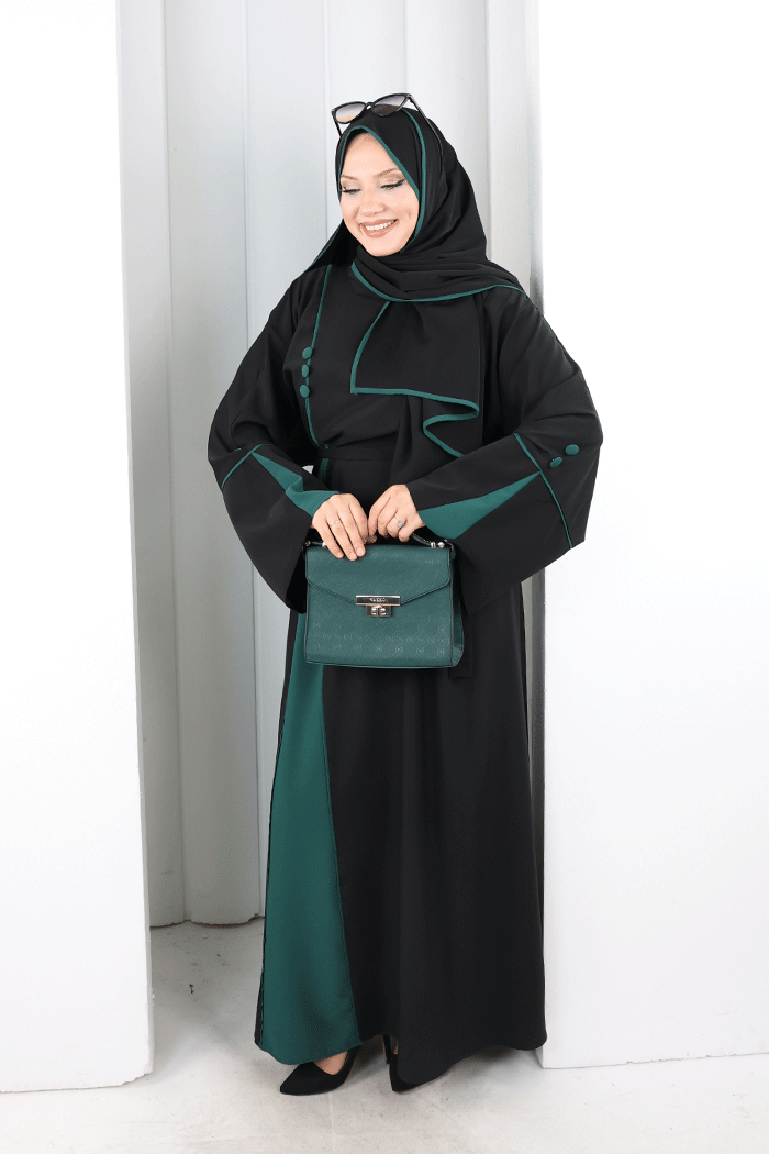 Şerit Düğme Detaylı Elbise 6098 Zümrüt - 2