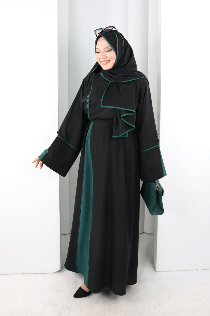 Şerit Düğme Detaylı Elbise 6098 Zümrüt - 3