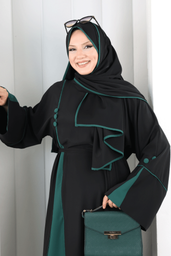 Şerit Düğme Detaylı Elbise 6098 Zümrüt - 5