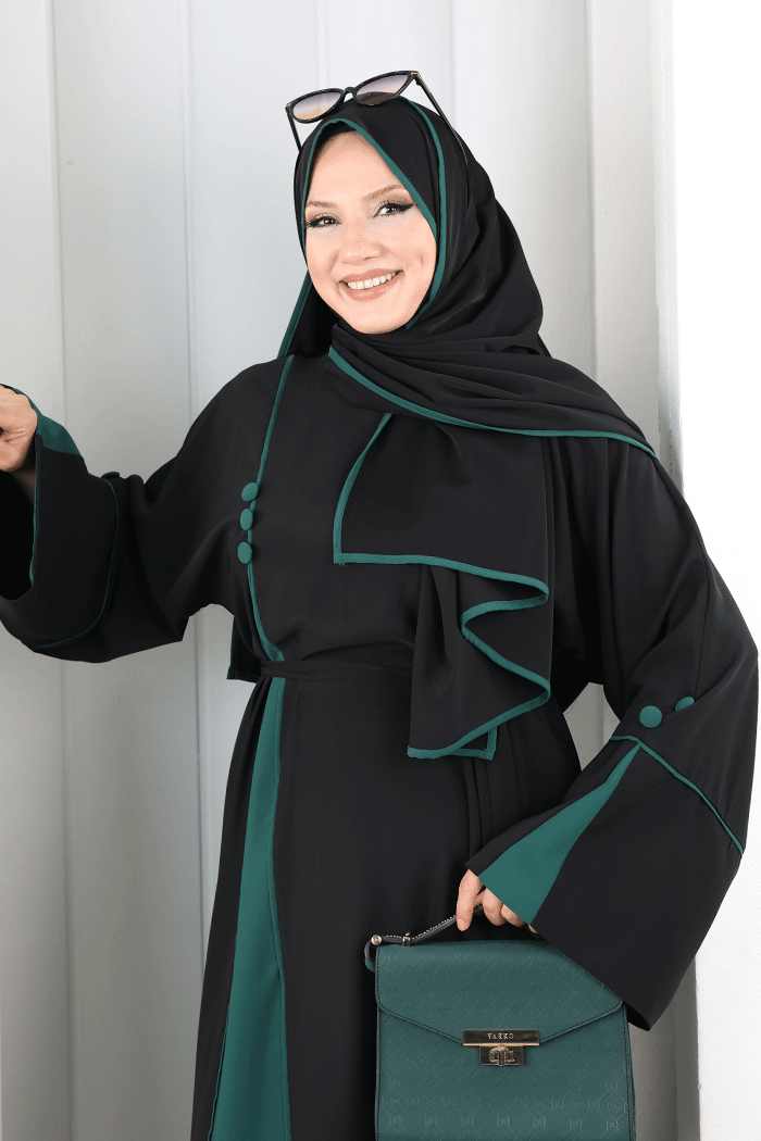 Şerit Düğme Detaylı Elbise 6098 Zümrüt - 5