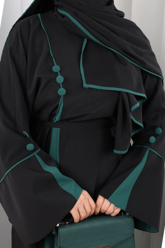Şerit Düğme Detaylı Elbise 6098 Zümrüt - 6