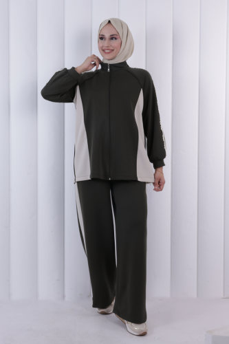Şeritli Pantolonlu Spor Takım 1202 Haki - 2