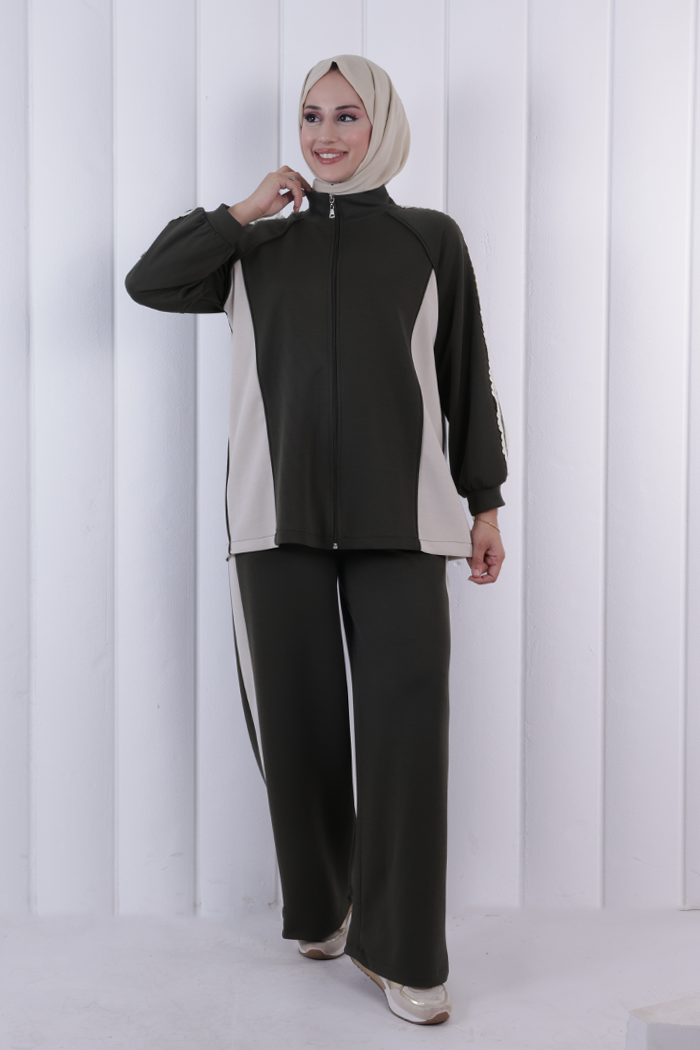 Şeritli Pantolonlu Spor Takım 1202 Haki - 2