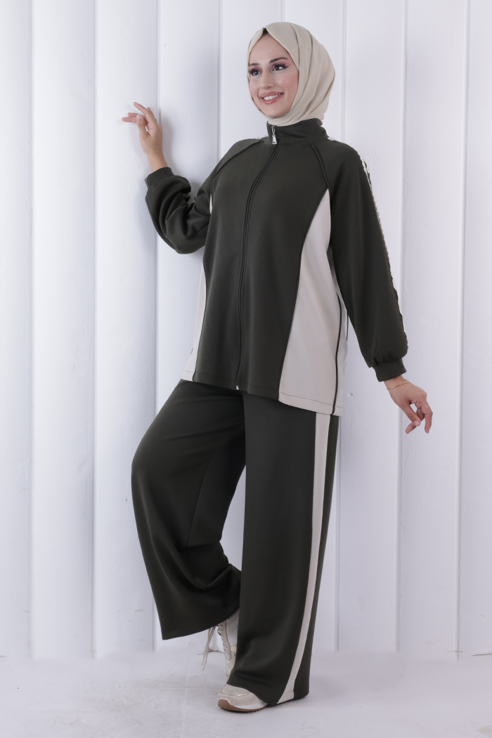 Şeritli Pantolonlu Spor Takım 1202 Haki - 3
