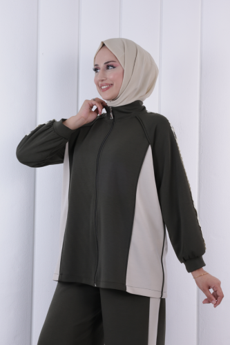Şeritli Pantolonlu Spor Takım 1202 Haki - 5