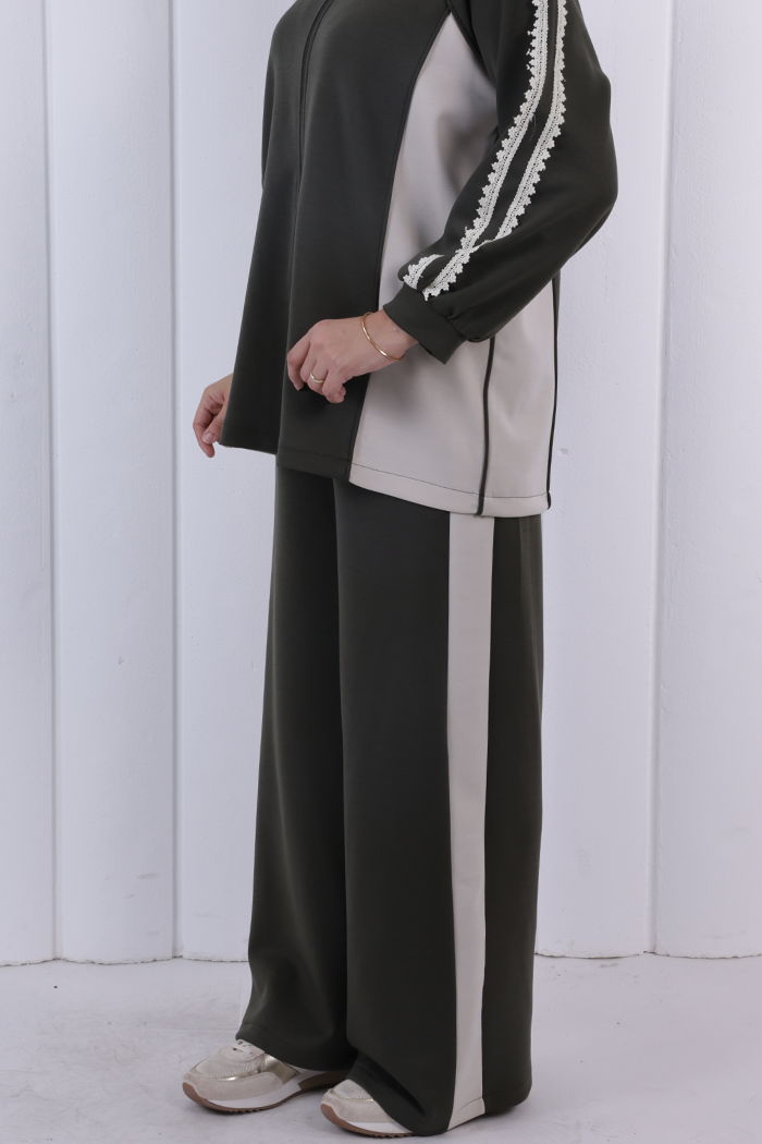 Şeritli Pantolonlu Spor Takım 1202 Haki - 6