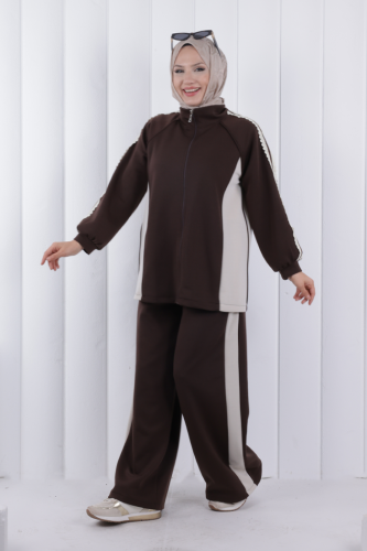 Şeritli Pantolonlu Spor Takım 1202 Kahverengi - 2