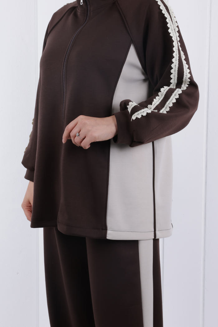 Şeritli Pantolonlu Spor Takım 1202 Kahverengi - 5