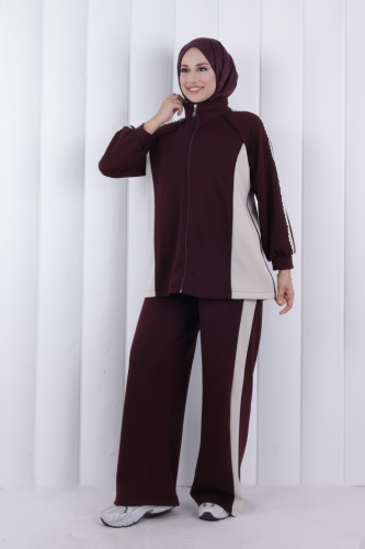 Şeritli Pantolonlu Spor Takım 1202 Mürdüm