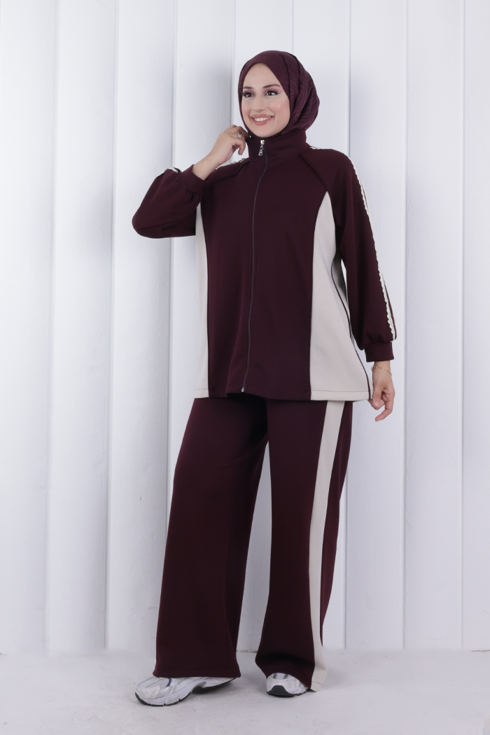 Şeritli Pantolonlu Spor Takım 1202 Mürdüm - 1