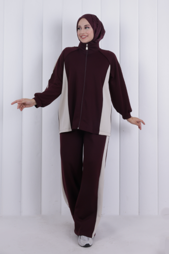 Şeritli Pantolonlu Spor Takım 1202 Mürdüm - 2