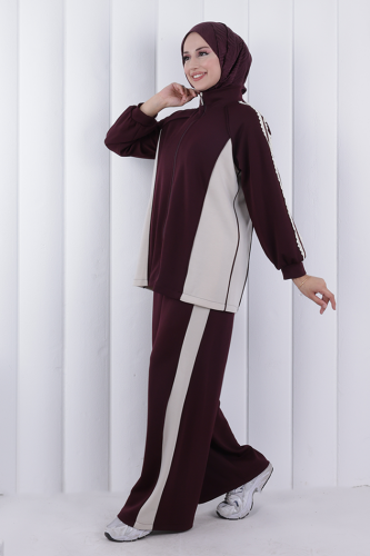 Şeritli Pantolonlu Spor Takım 1202 Mürdüm - 3