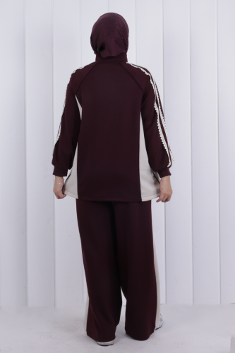 Şeritli Pantolonlu Spor Takım 1202 Mürdüm - 4