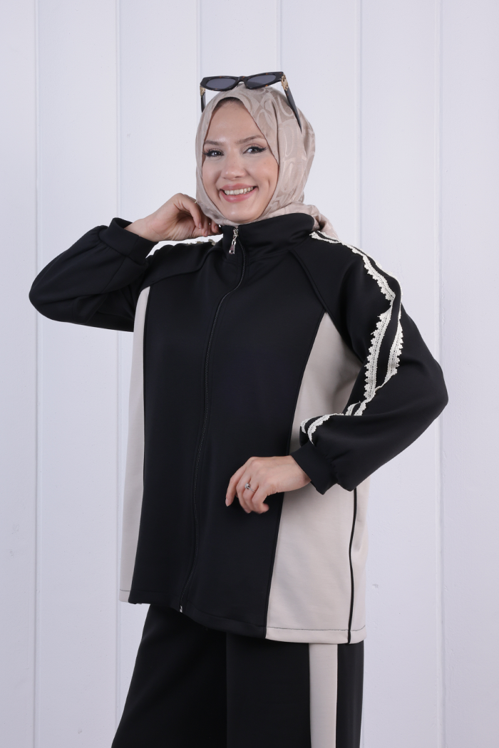 Şeritli Pantolonlu Spor Takım 1202 Siyah - 4