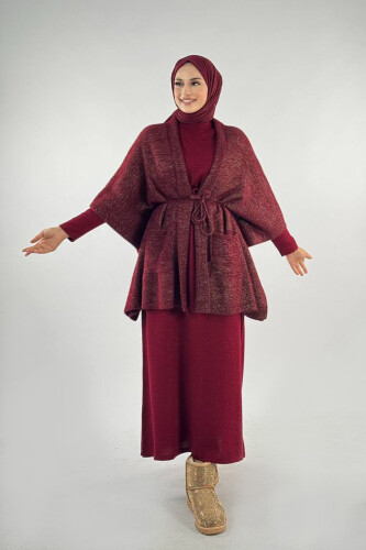 Sim Detaylı Cepli Panço 18332 Bordo - Bym Fashion