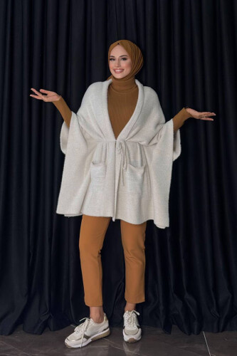 Sim Detaylı Cepli Panço 18332 Ekru - Bym Fashion