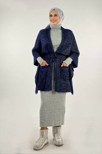 Sim Detaylı Cepli Panço 18332 Lacivert-Gümüş - Bym Fashion