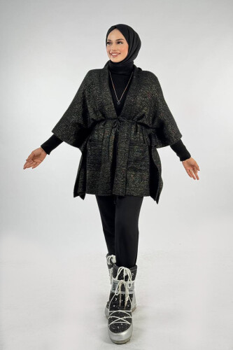 Sim Detaylı Cepli Panço 18332 Siyah-Gold - Bym Fashion