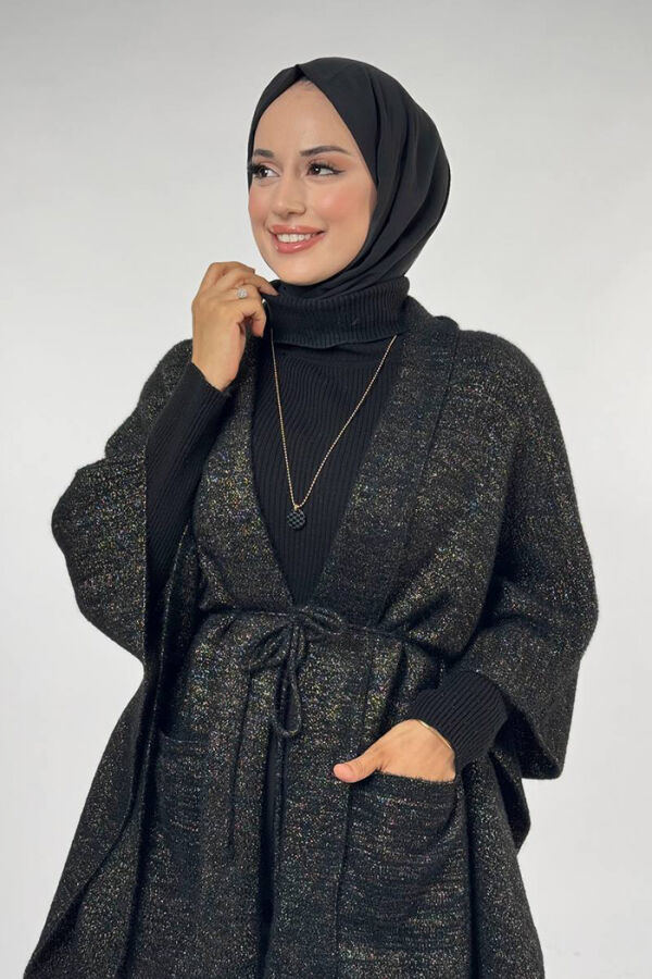 Sim Detaylı Cepli Panço 18332 Siyah-Gold - 4