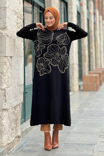 Simli Çiçek İşleme Detaylı Triko Tunik 18191 Siyah-Gold - Bym Fashion